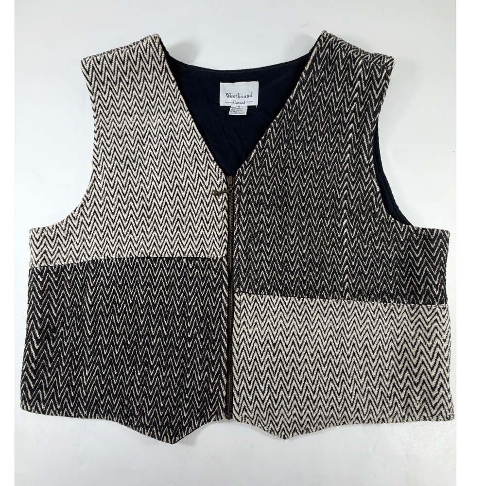 Westbound Casual Womens XL Vest Black Cream Chevron Herringbone Full Zip Cotton